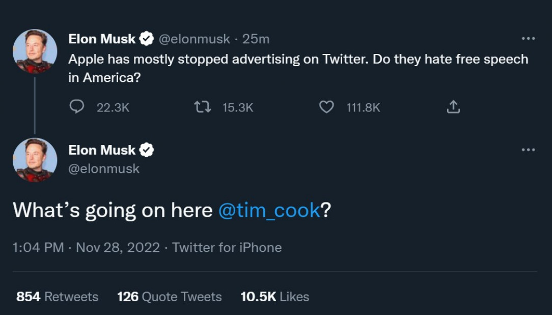 Elon attempts to bully the CEO of Apple into giving him money
