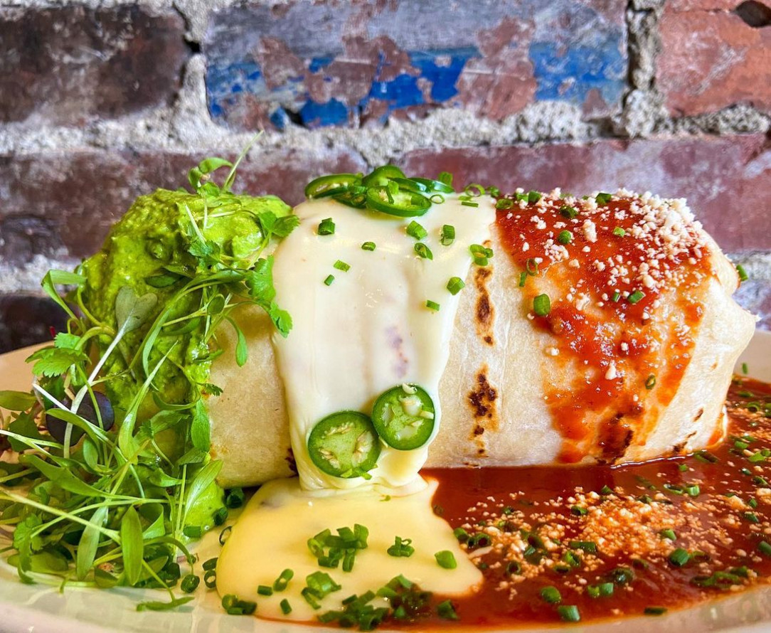 Tri-Colored Burrito topped with Fresh Jalapeños and Microgreens