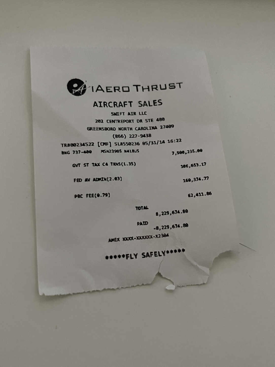 Found a receipt for a Boeing 737 aircraft today