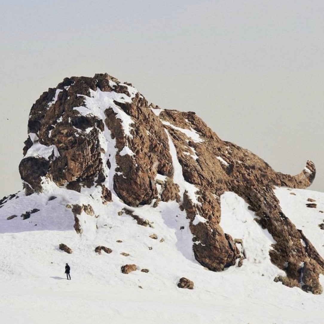 This snow-covered mountain looks like a dog
