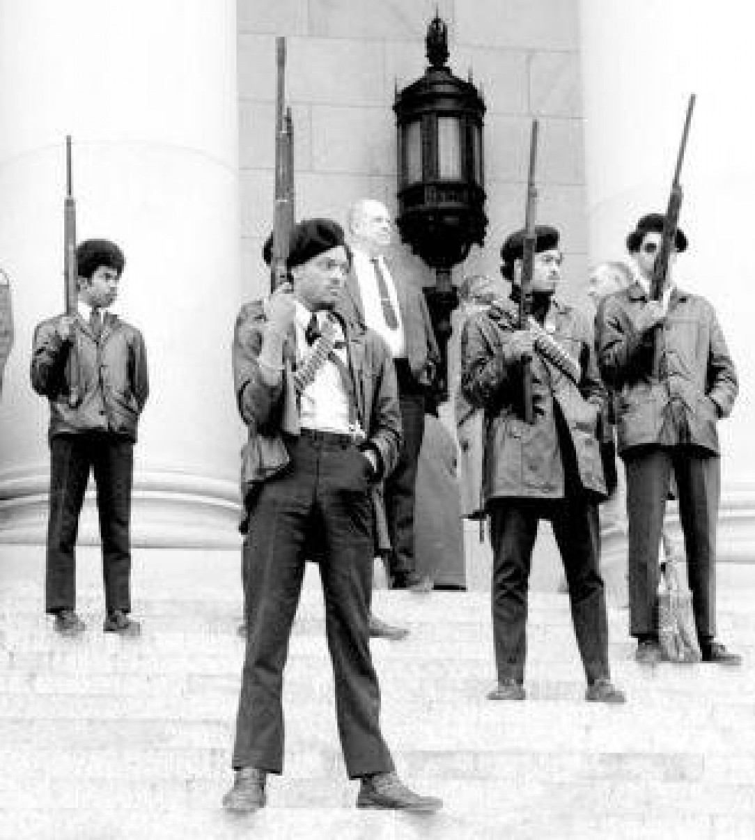 The Black Panther Party on the steps of the Washington State Capitol in Olympia, protesting gun control, 1969