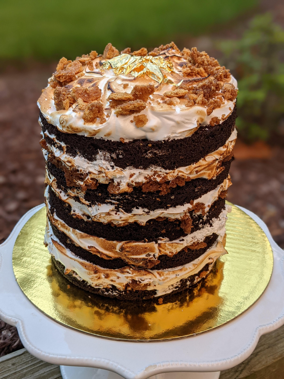 &quot;Smore&quot; cake: chocolate layers, toasted meringue, graham cracker crumble