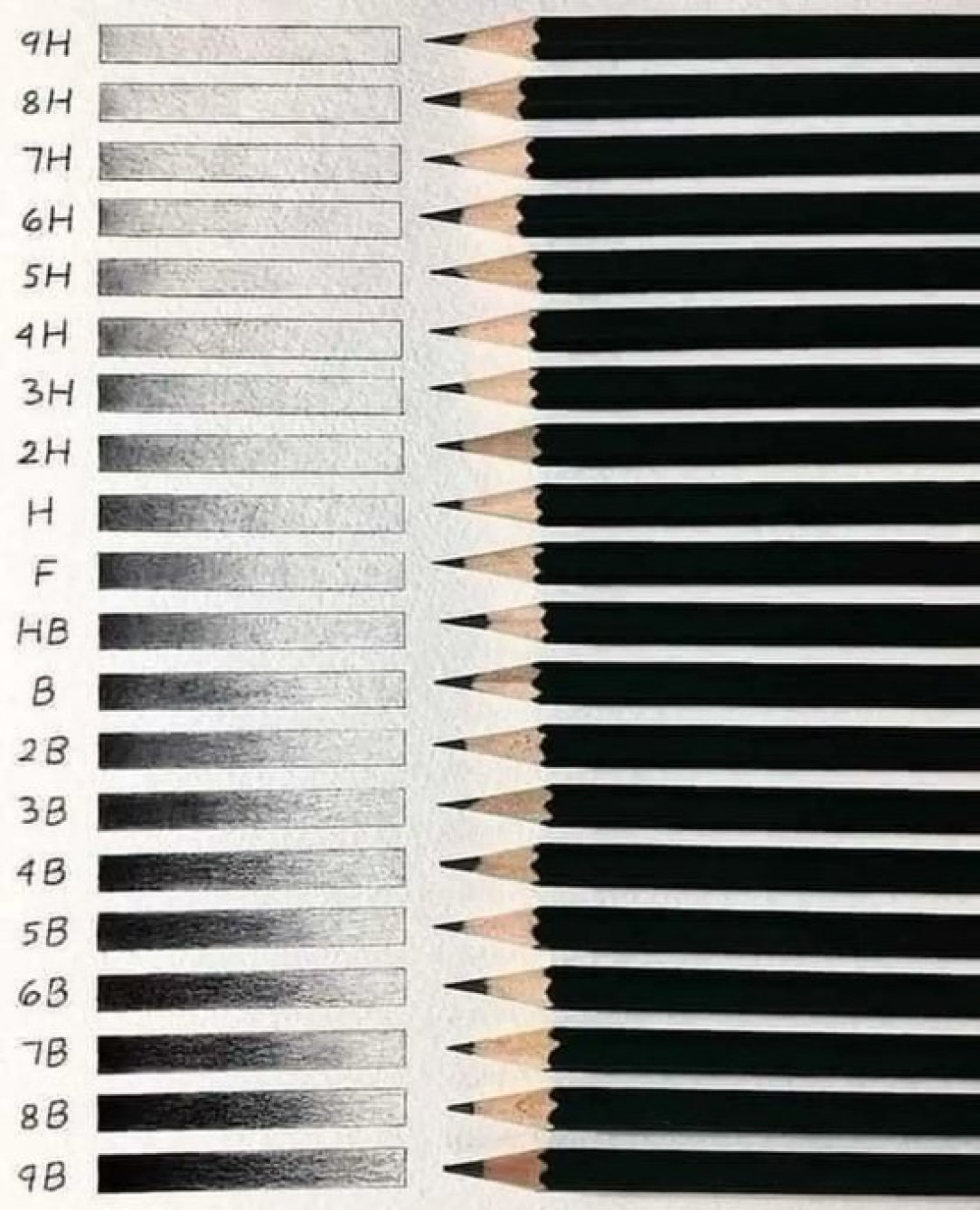 Degrees of graphite pencil hardness. 9H is the hardest while 9B is the softest