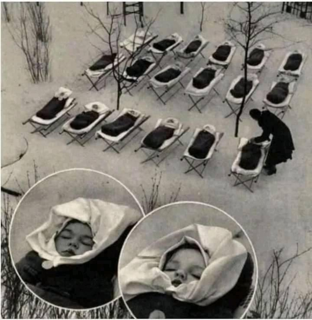 Babies left to sleep outside, strengthening the immune system, Moscow 1958