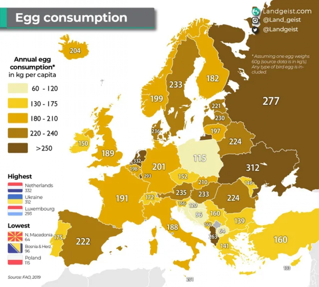 Annual egg consumption in kg per capita in Europe (2019)