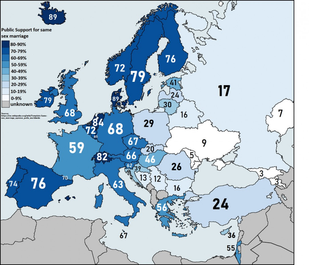 Percentages for public support for gay marriages in Europe