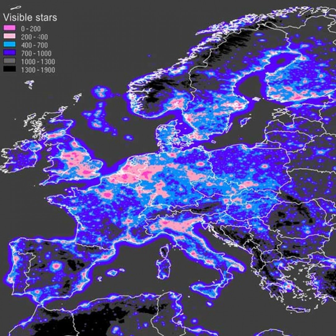 Map of the number of visible stars in Europe (xpost from /MapPorn