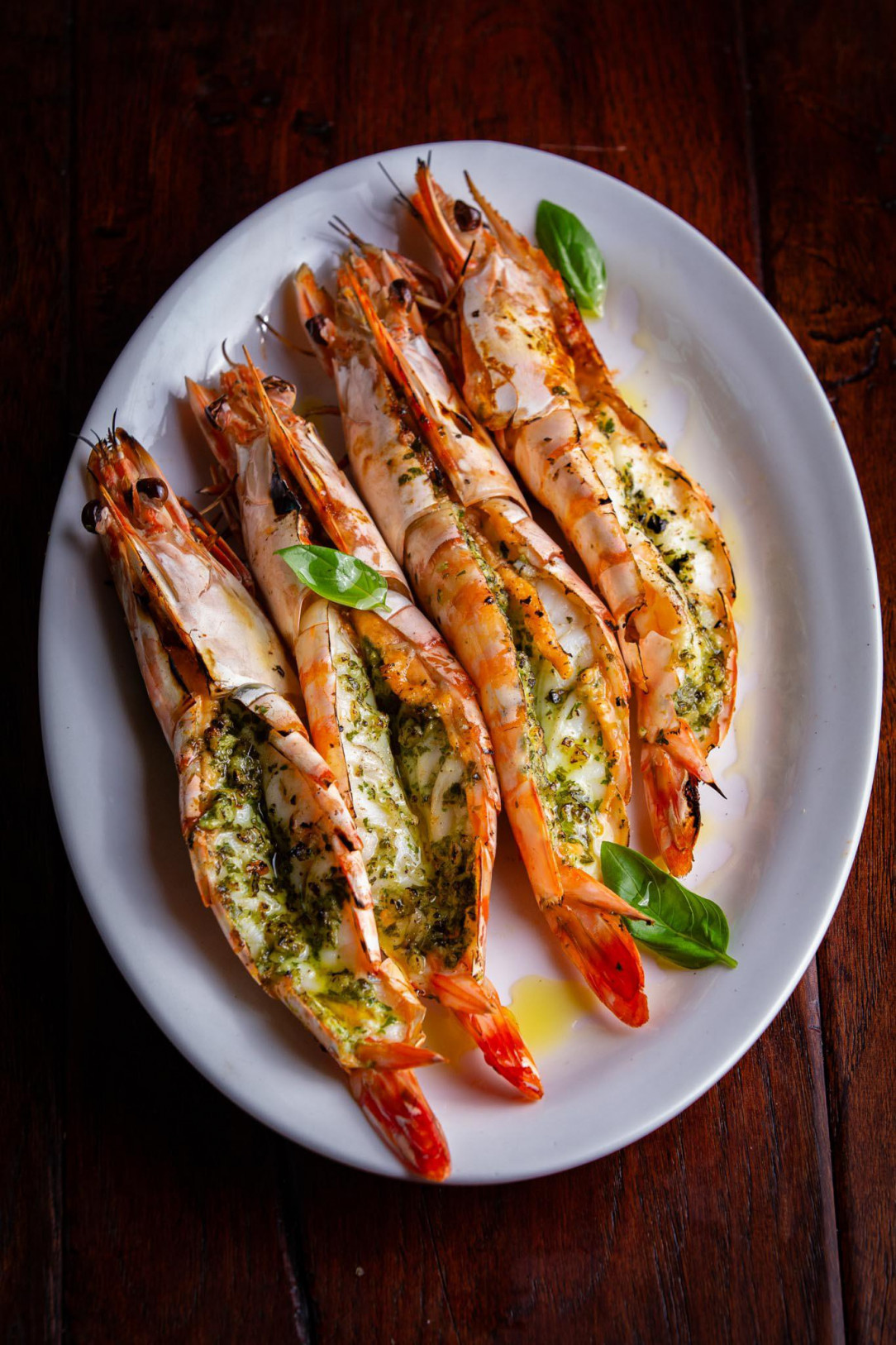 Grilled jumbo tiger prawns with macadamia pesto