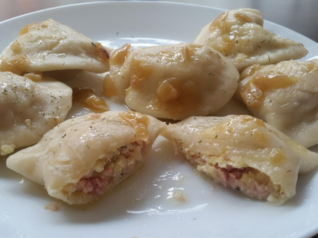 Pierogi with bacon and fried onion- simple and delicious Polish dumplings
