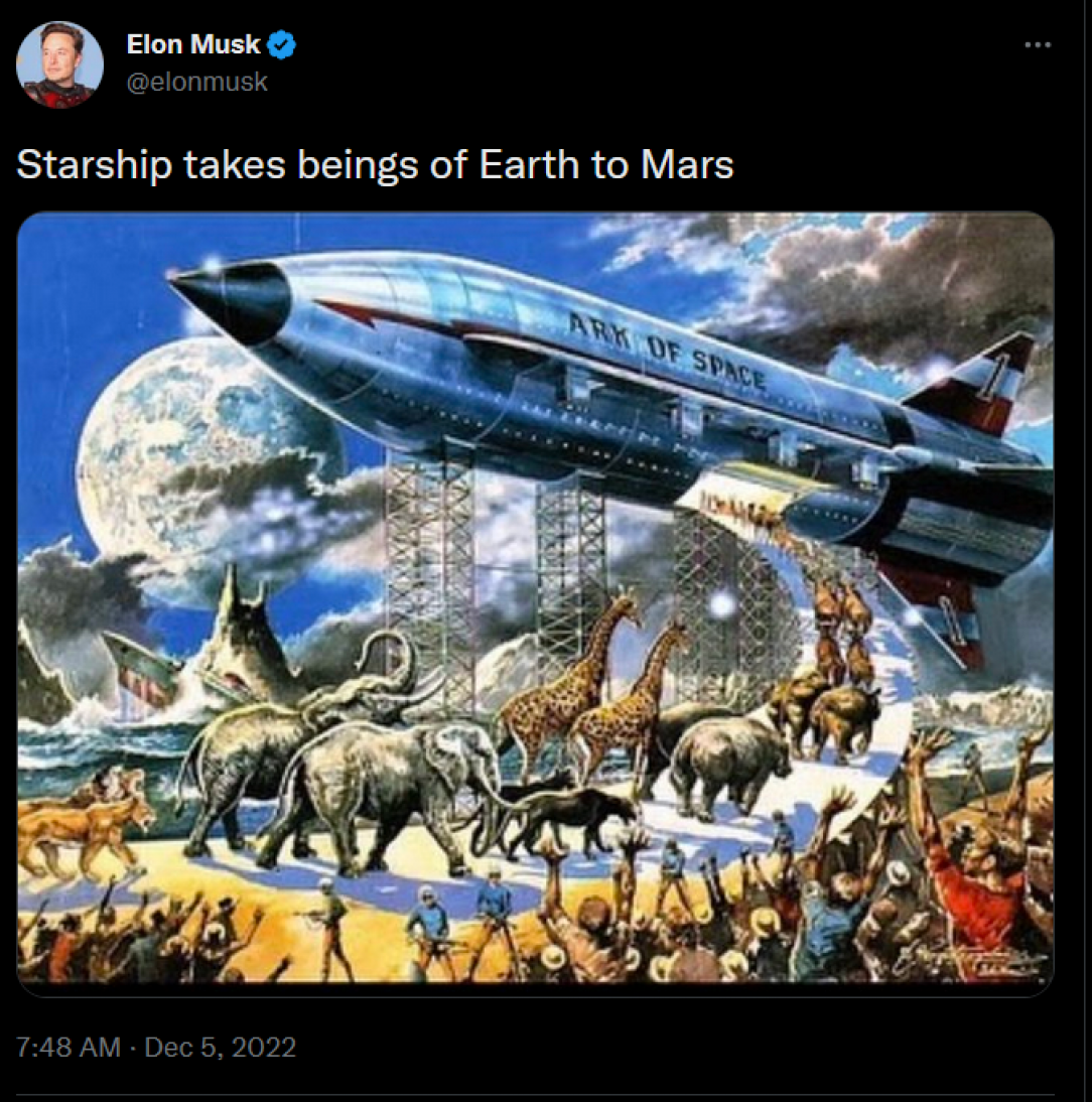 Elon Musk tweets image of spaceship ark escaping earth while a crowd is held at gunpoint