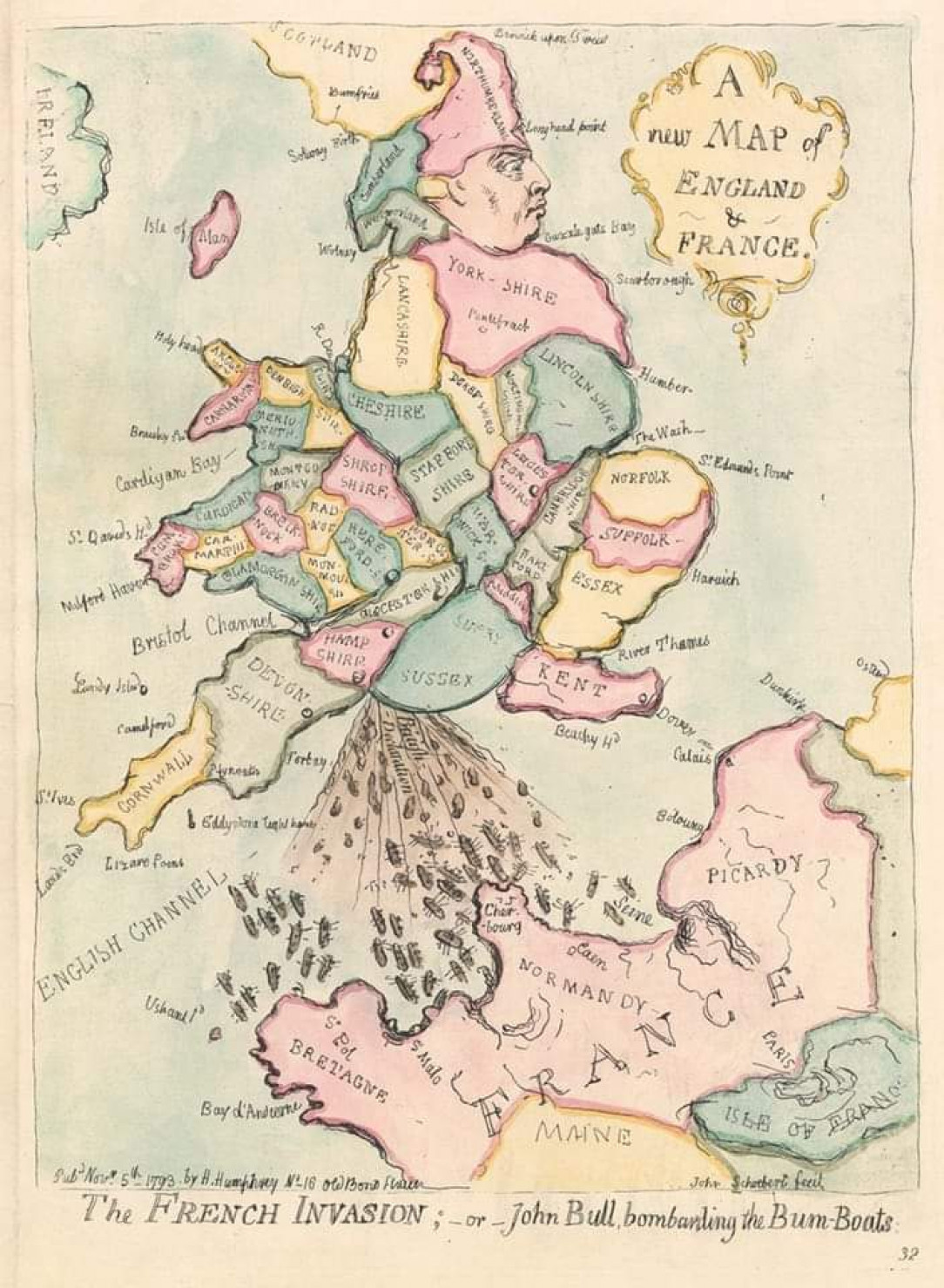 A new map of England and France - Created by James Gillray in 1793