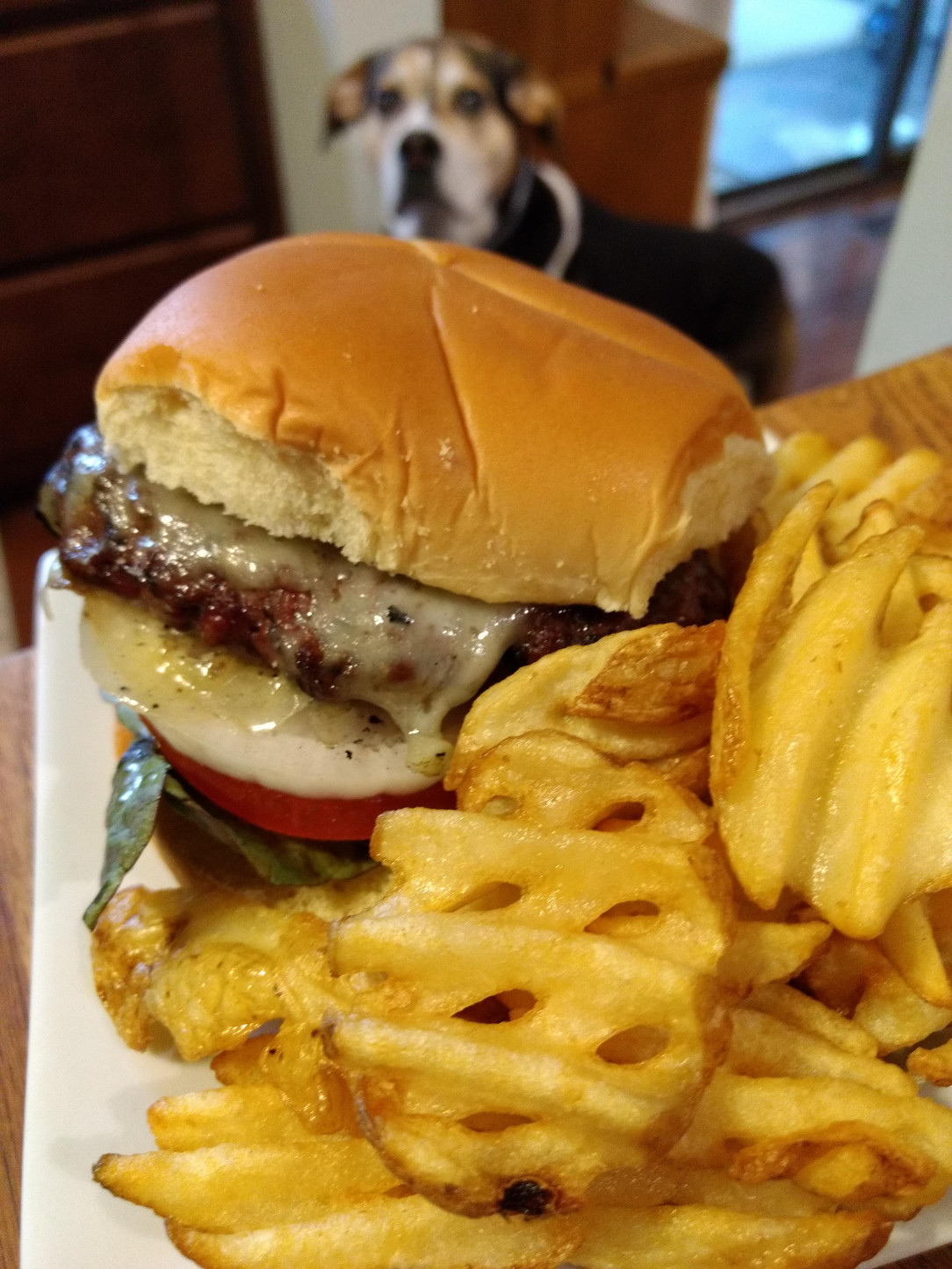 Cheeseburger and waffle fries