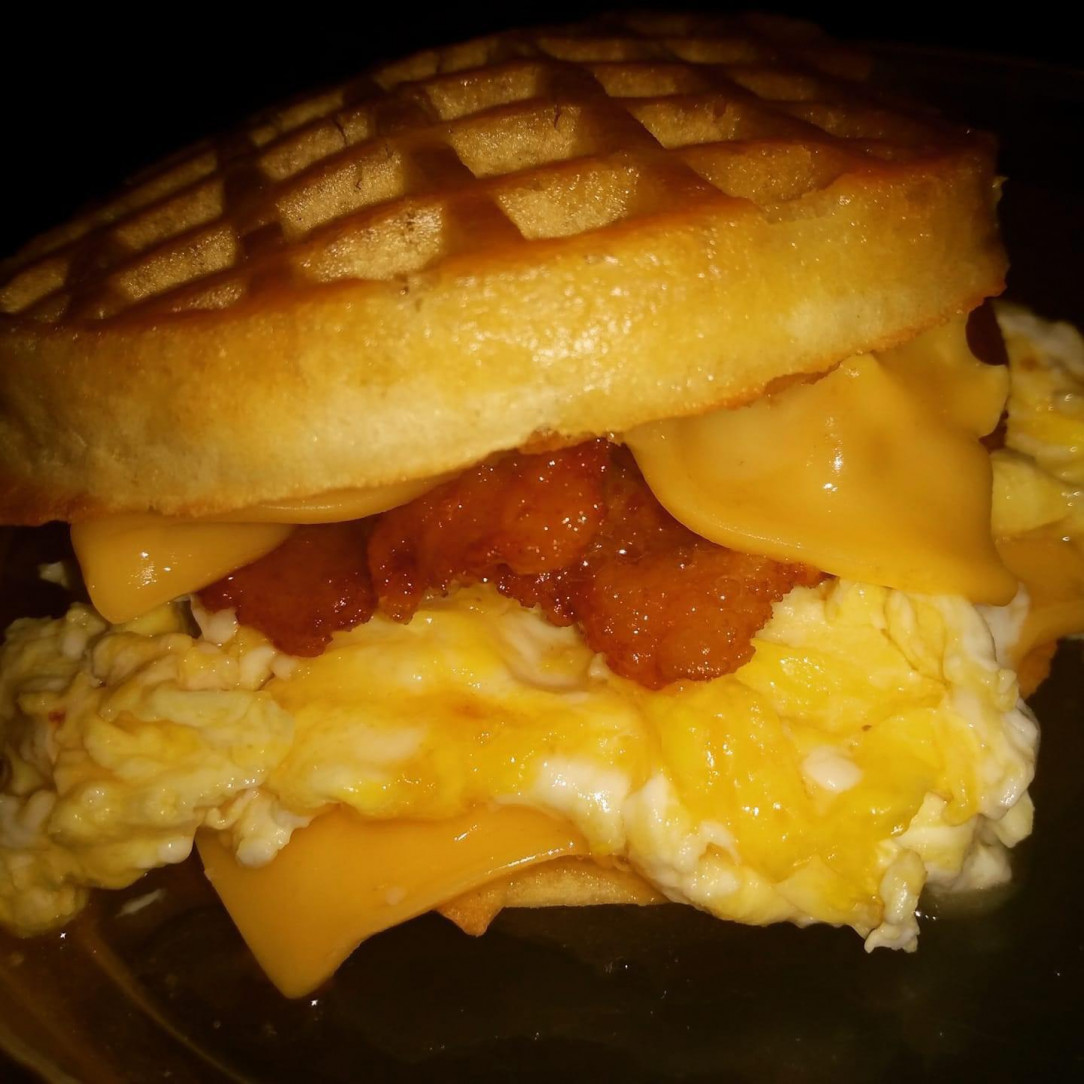 Bacon egg and cheese waffle sandwich