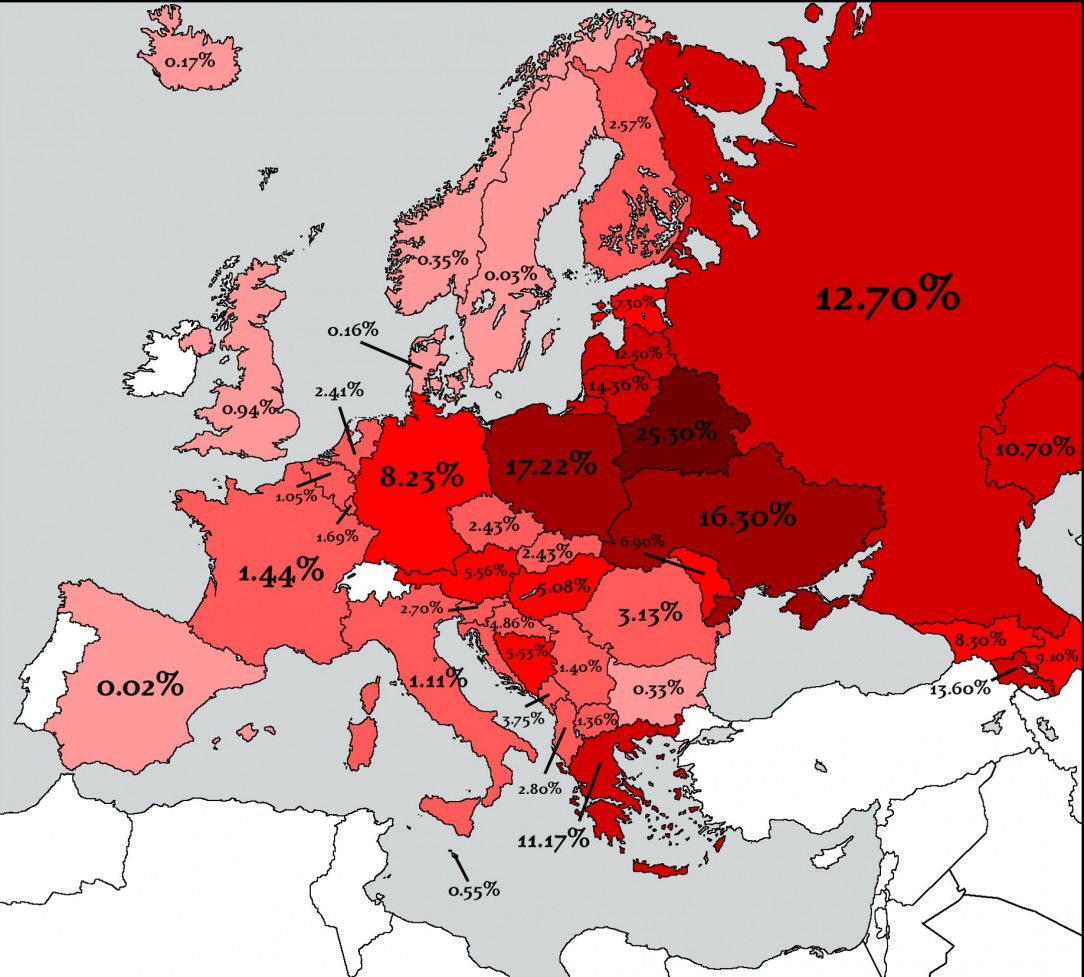 Europe by WW2 casualties as a percentage of the population