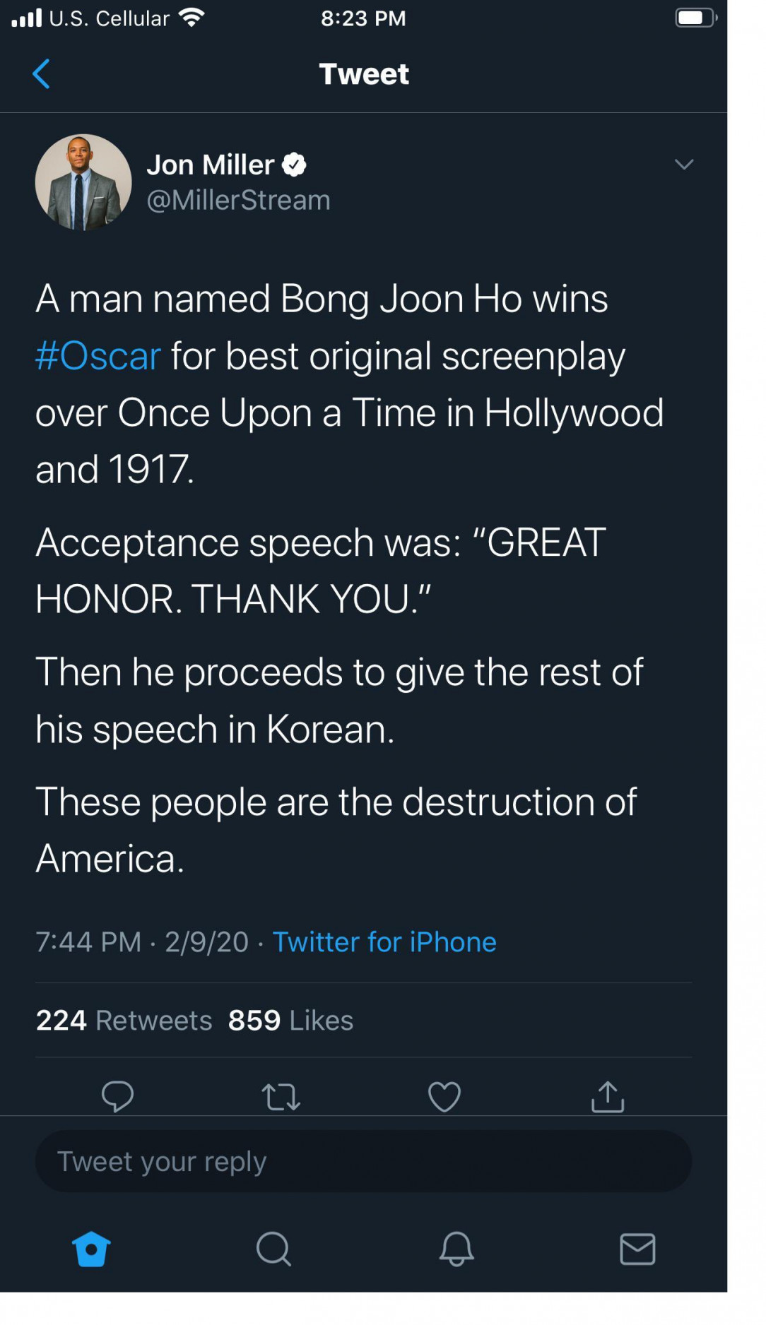 Ah, yes, the Korean filmmaker who he’s never heard of before tonight is the problem with America