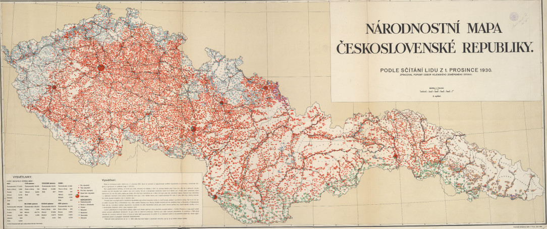 Detailed ethnic map of interwar Czechoslovakia, 1930. It also shows population density