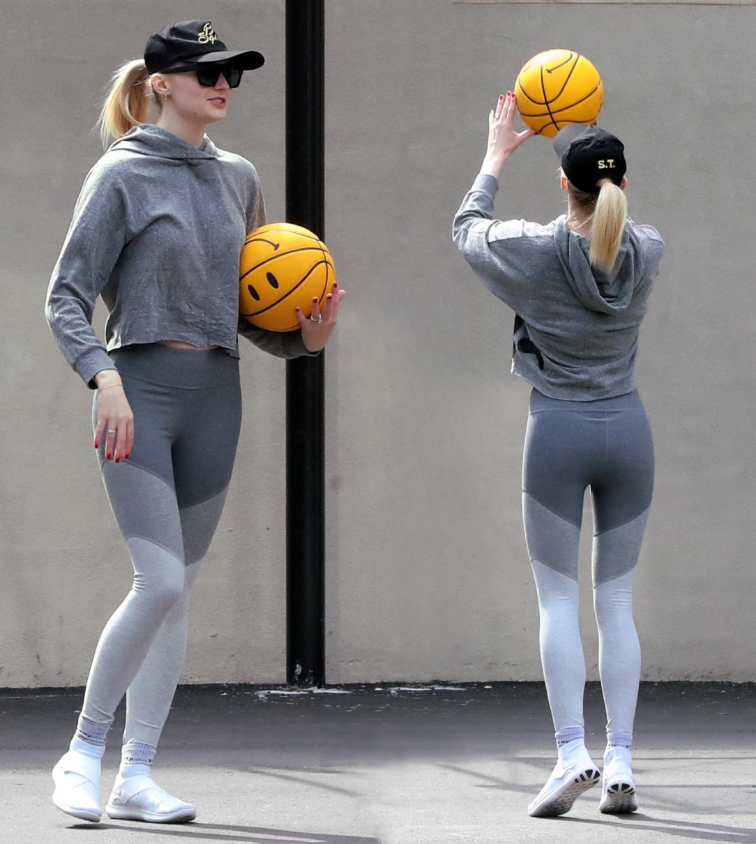 Sophie shooting some hoops in leggings