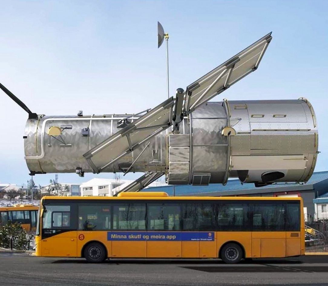 Hubble Space Telescope compared to the size of a bus