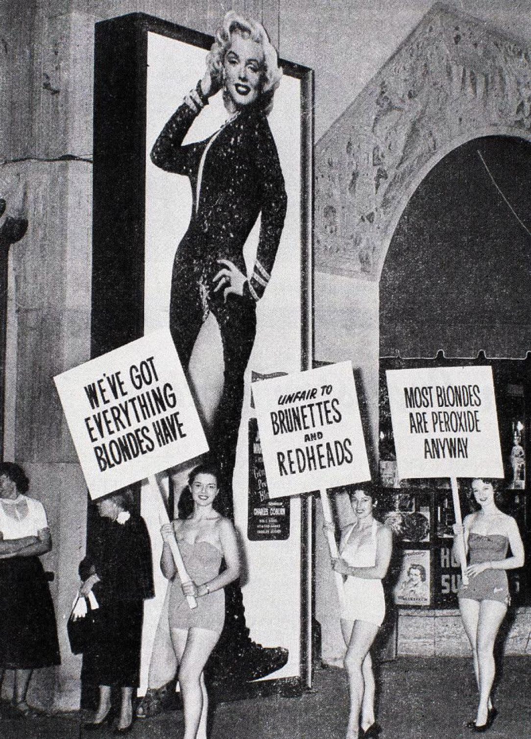 Women protesting at the premiere of Gentlemen Prefer Blondes in front of the Grauman&#039;s Chinese Theatre (1953)