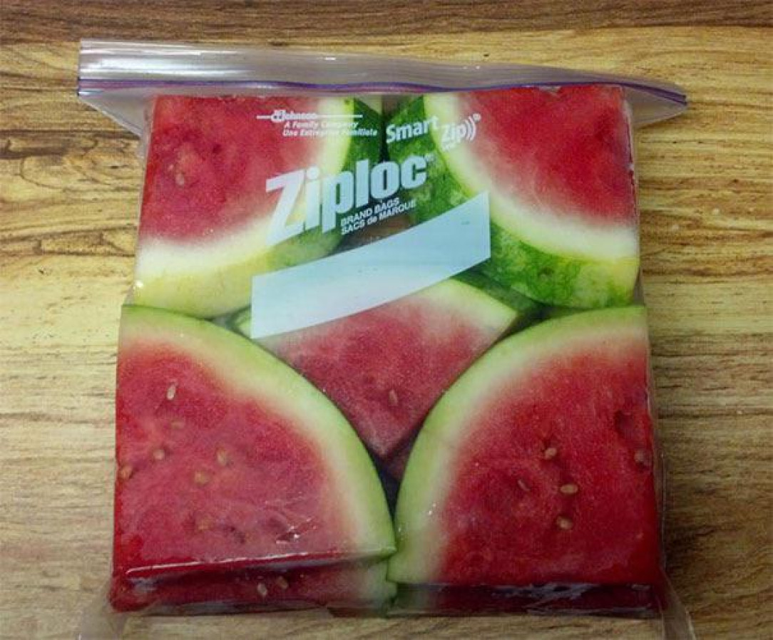 Cut up watermelon in a ziplock bag