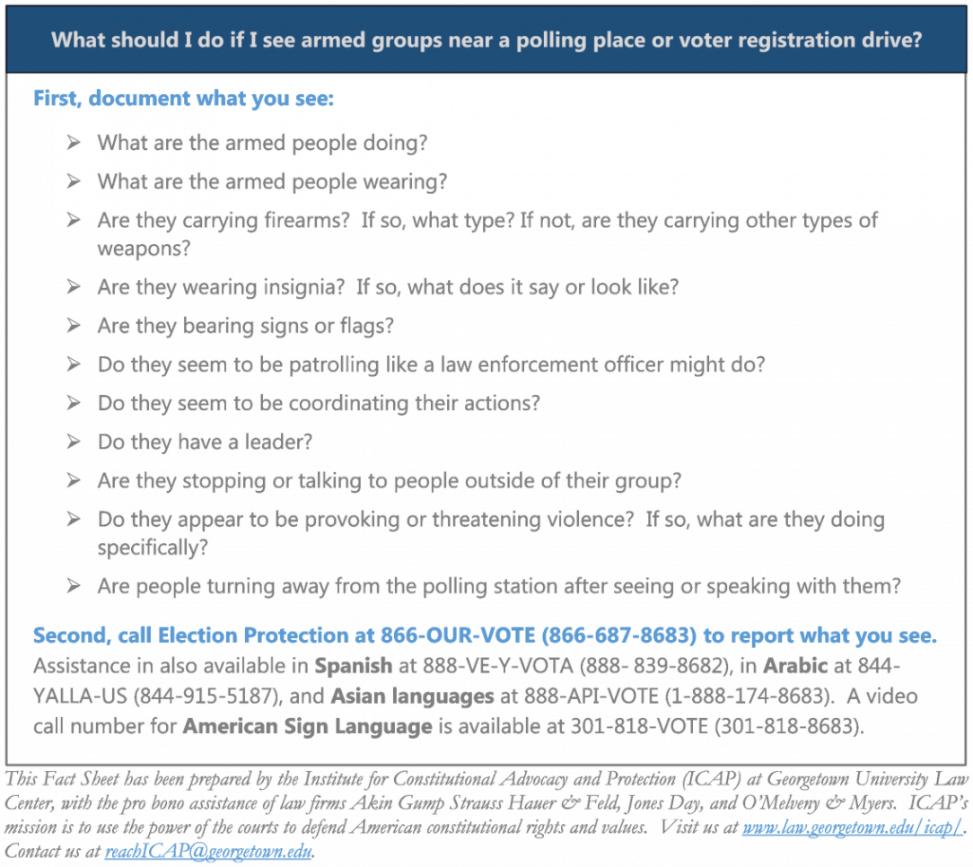 What should I do if I see armed groups near a polling place or voter registration drive?