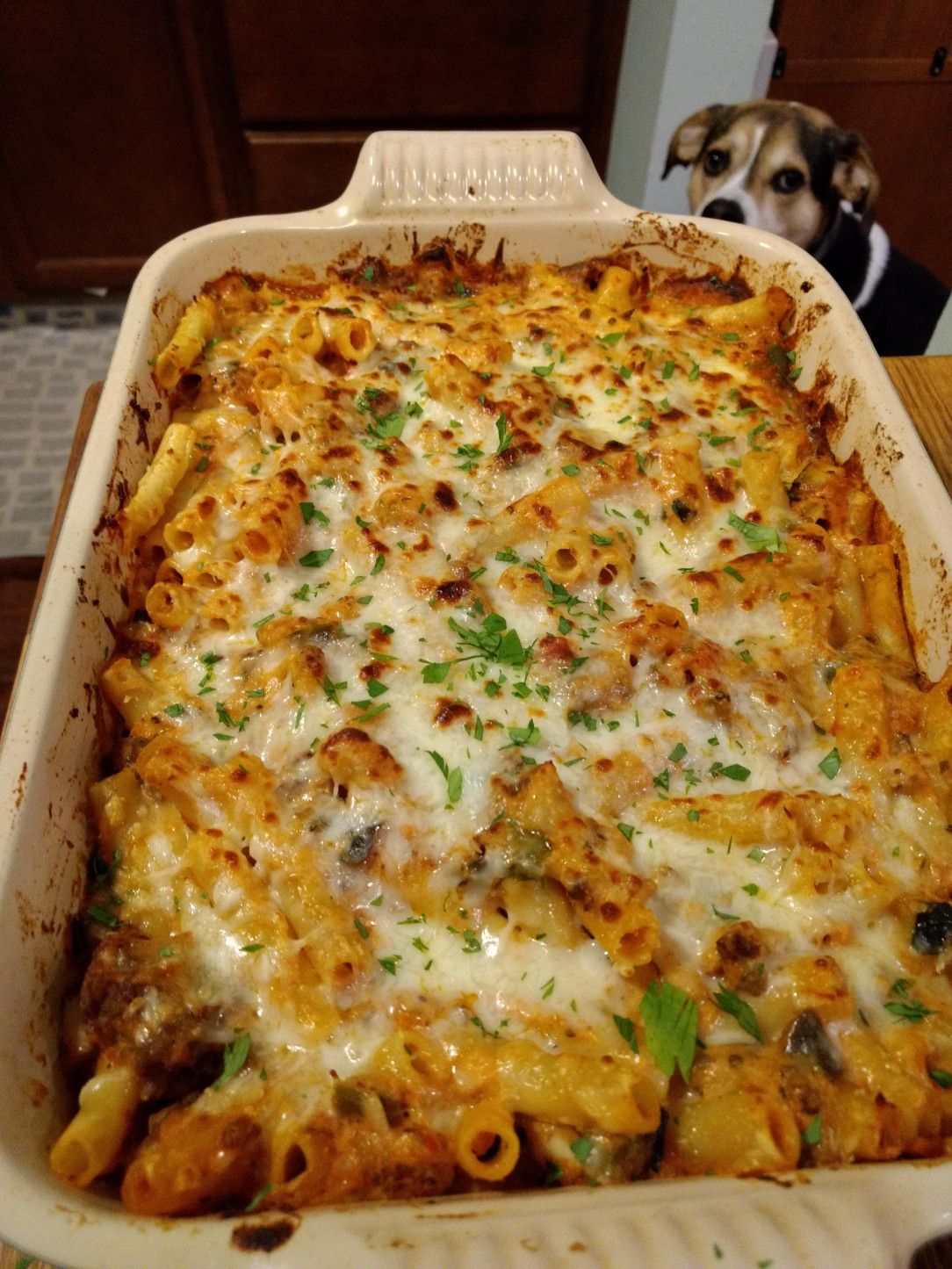 Baked ziti with sausage, eggplant, zucchini, and peppers