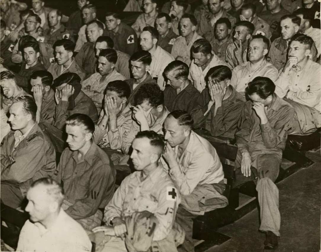 German soldiers react to footage of concentration camps, 1945