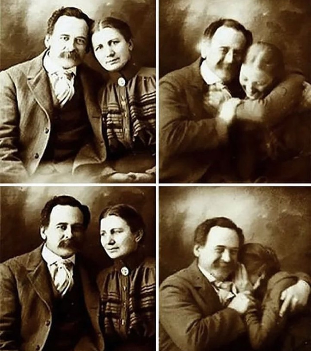 A Victorian couple try not to laugh while getting their portraits done, 1890