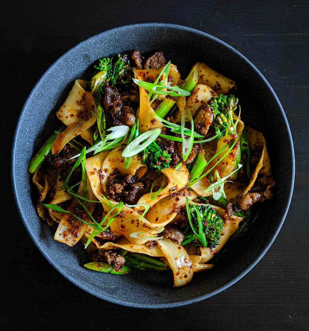 Biang biang noodles with broccolini, hand pulled the noodles myself!