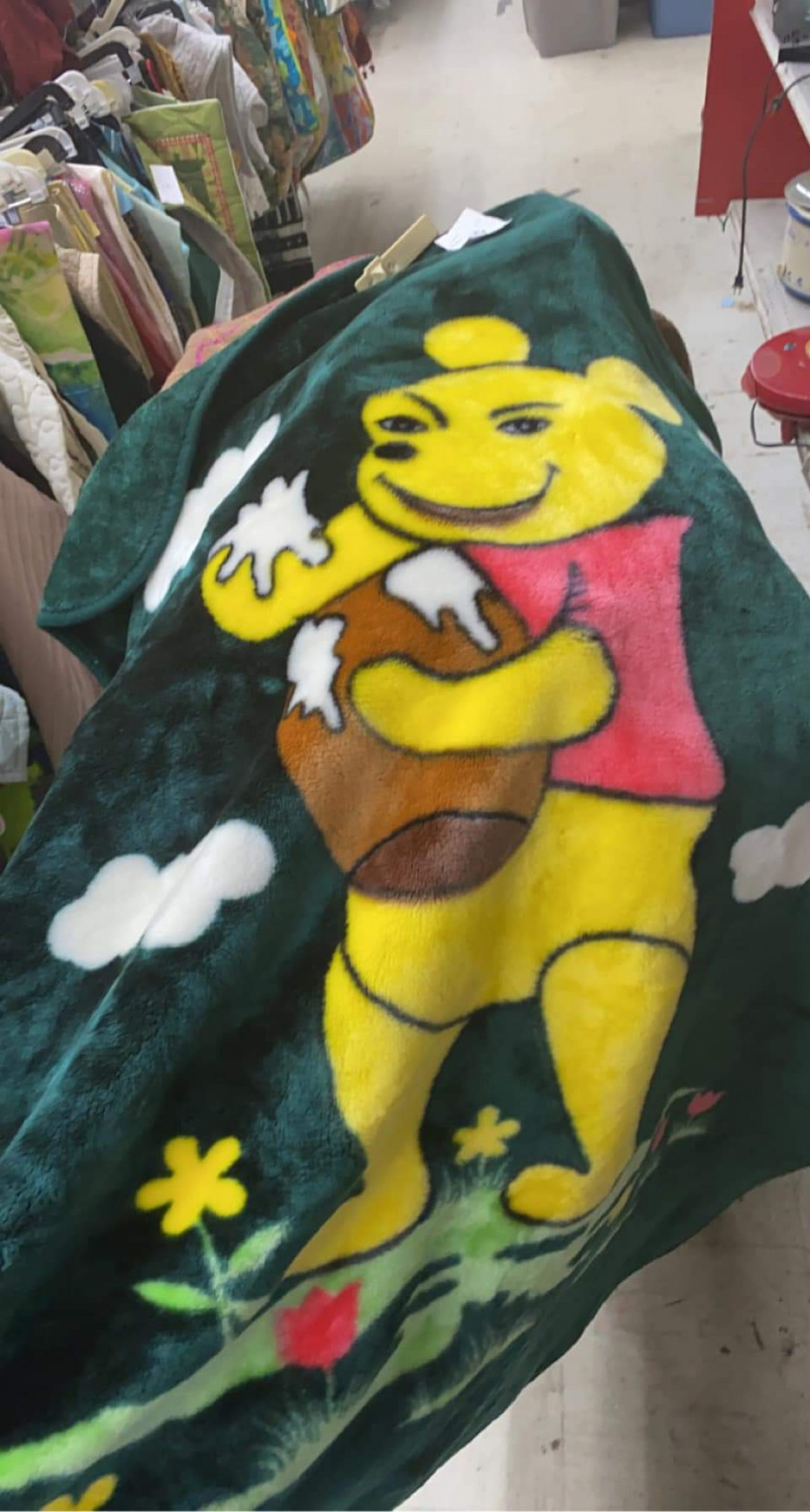 found this blanket while thrifting. Our friend Pooh bear looks a bit. Different