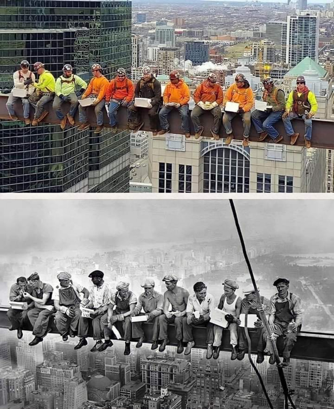 Chicago local #1 Iron Workers remake the iconic “Lunch atop a Skyscraper”photo that was originally captured in 1932