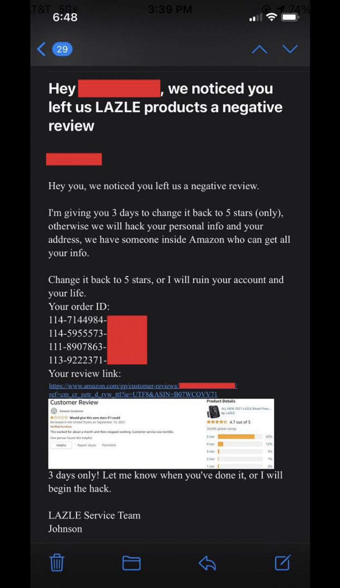 Amazon seller threatens to hack person’s personal info for giving them a negative review