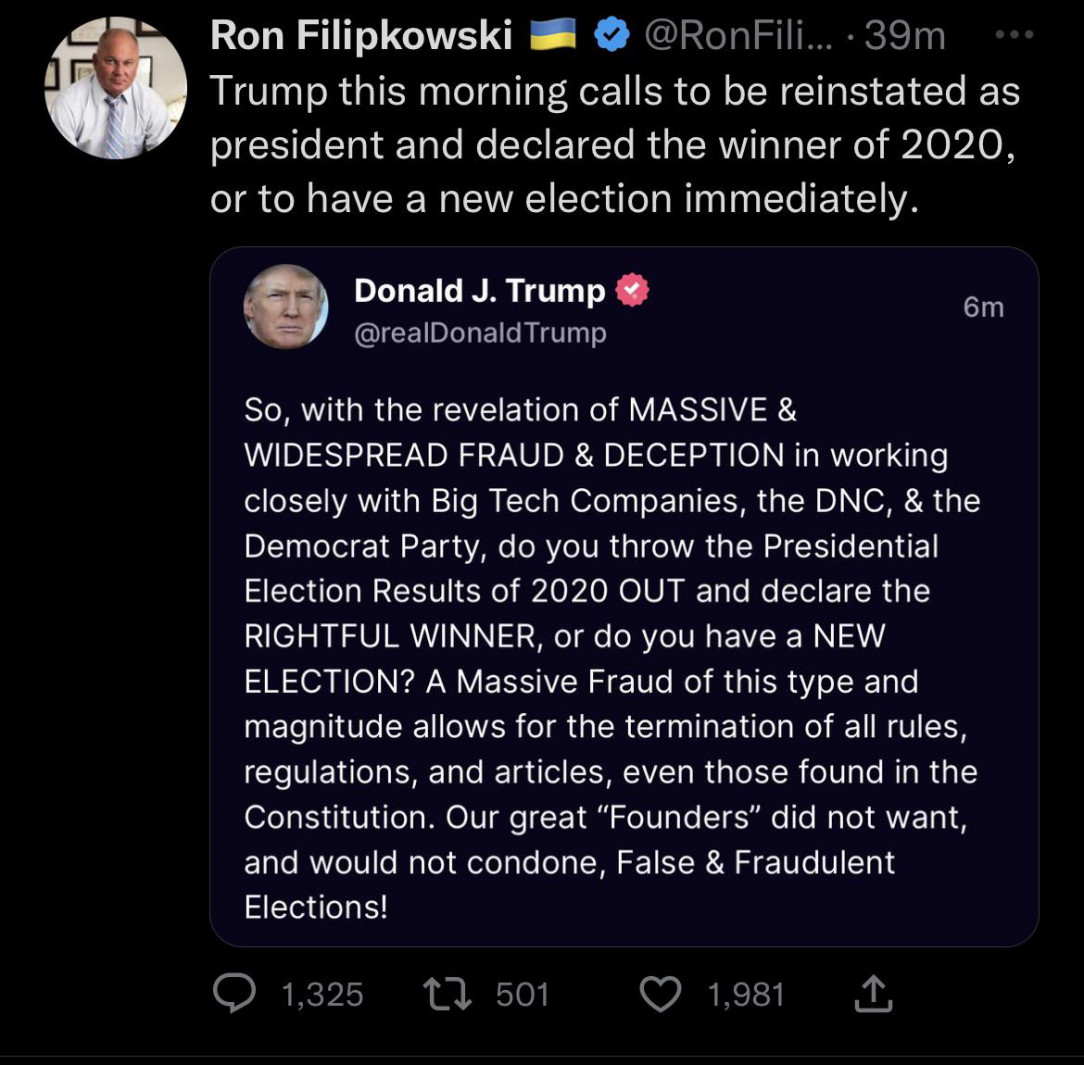 ‪Said the quiet part out loud: let’s nullify the Constitution to make me president again. ‬