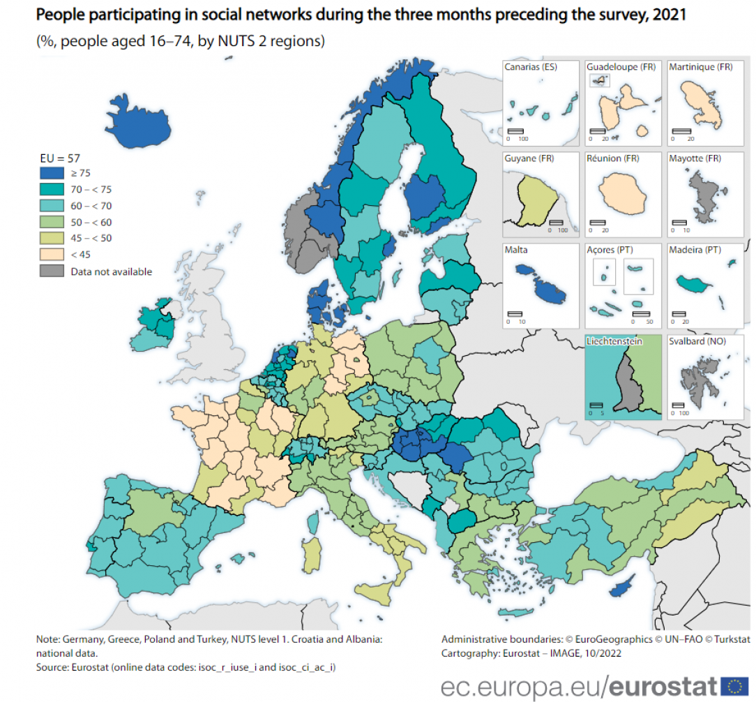 People in the EU participating in social networks during the three months preceding the survey, 2021