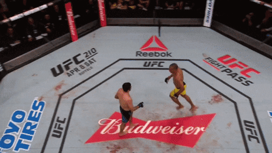 Edson Barboza gets the read on Beneil Dariush’s jab to takedown combo and makes him pay for it with his consciousness (sky cam shot)