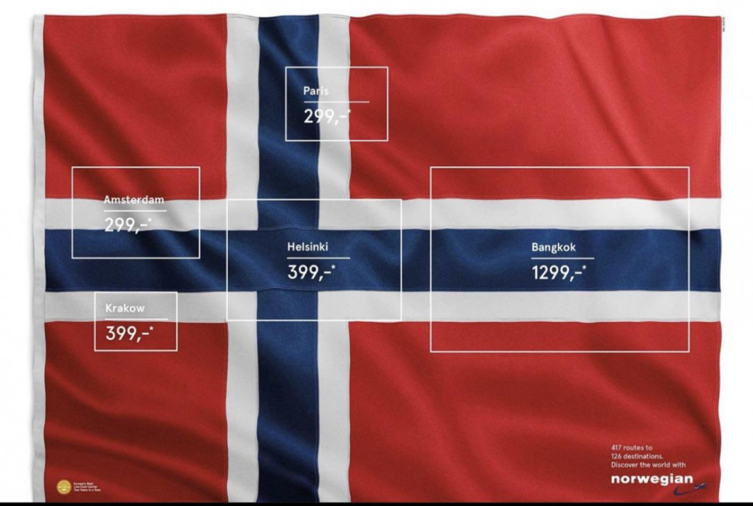 Great ad by Norwegian air cuts out part of its flag to flags represent different destinations