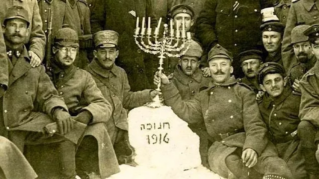 Jewish soldiers in the German army celebrating Hanukkah during World War I, 1916