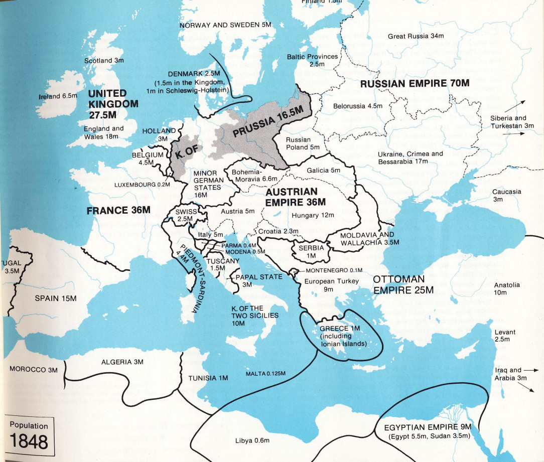 Population of European countries in 1848, from Penguin Historical Atlas