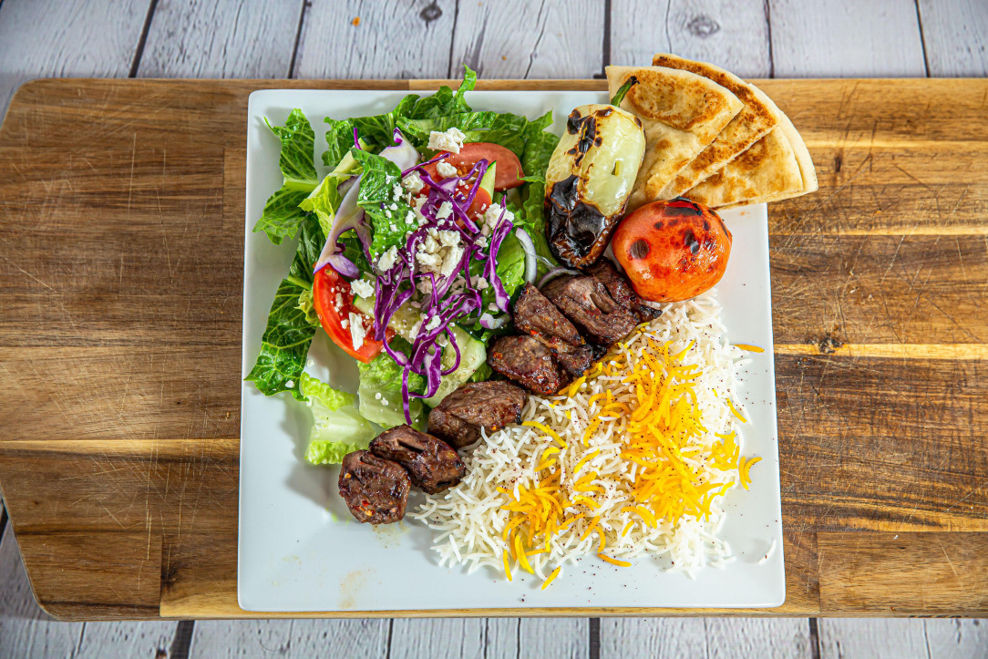 Filet steak, salad, and saffron rice