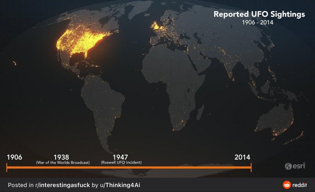 UFO reports across the globe from 1906 to 2014