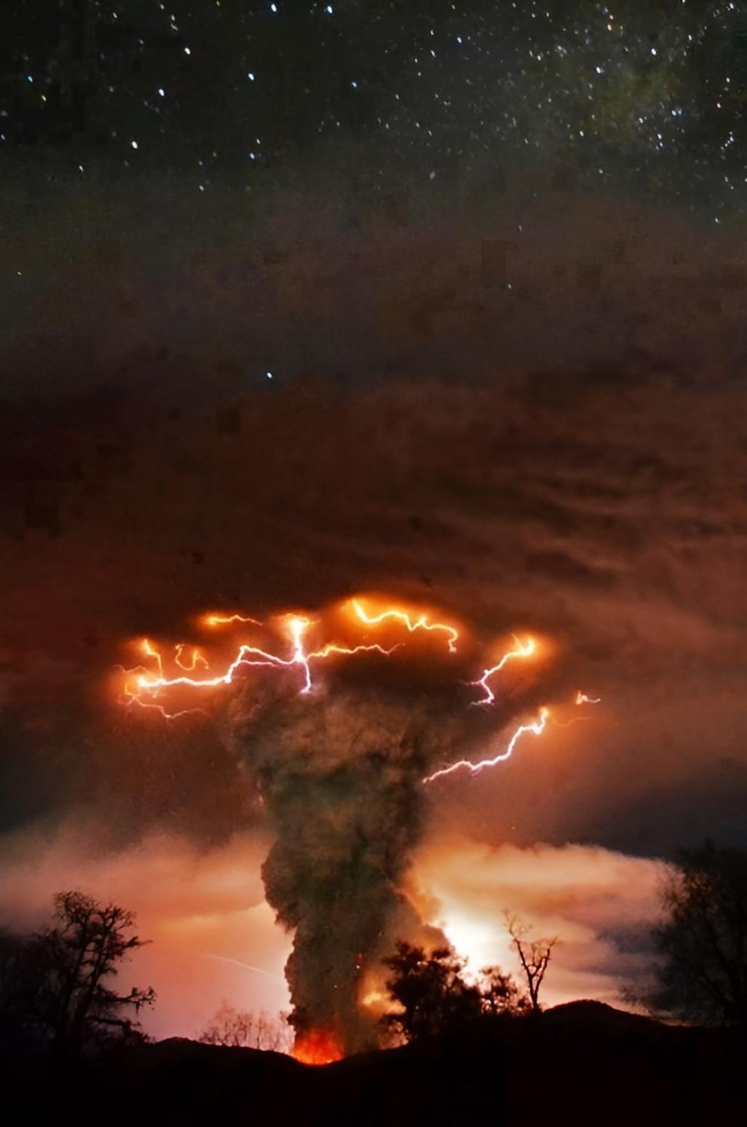 Lightning rages above a volcanic eruption in Chile