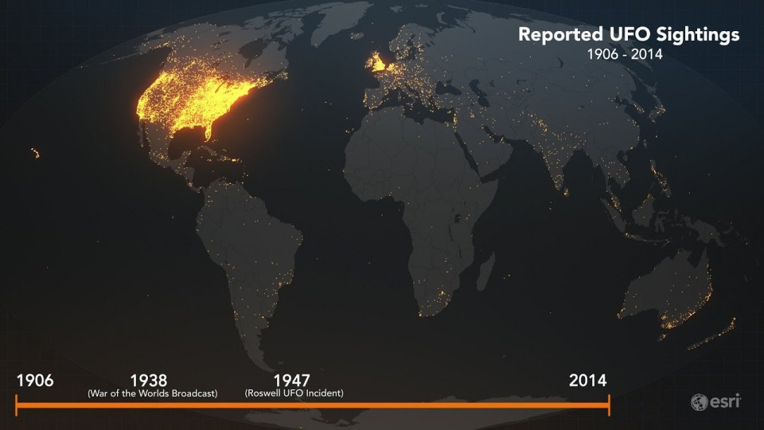 UFO reports across the globe from 1906 to 2014