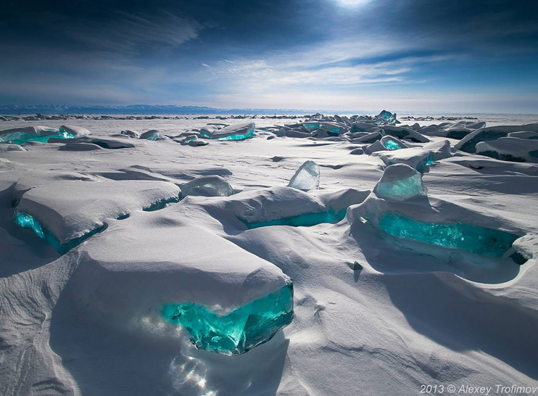 Because of environmental conditions, some ice in Lake Baikal shine like gemstones