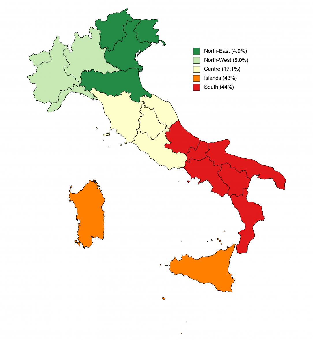 Share of illegal constructions in Italian regions