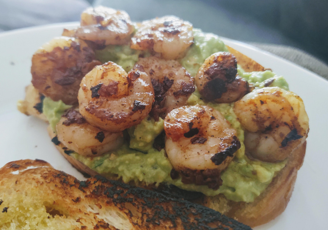 Spicy Shrimp on Avocado toast. Yeah, I&#039;m a millennial, get over it. It&#039;s delicious