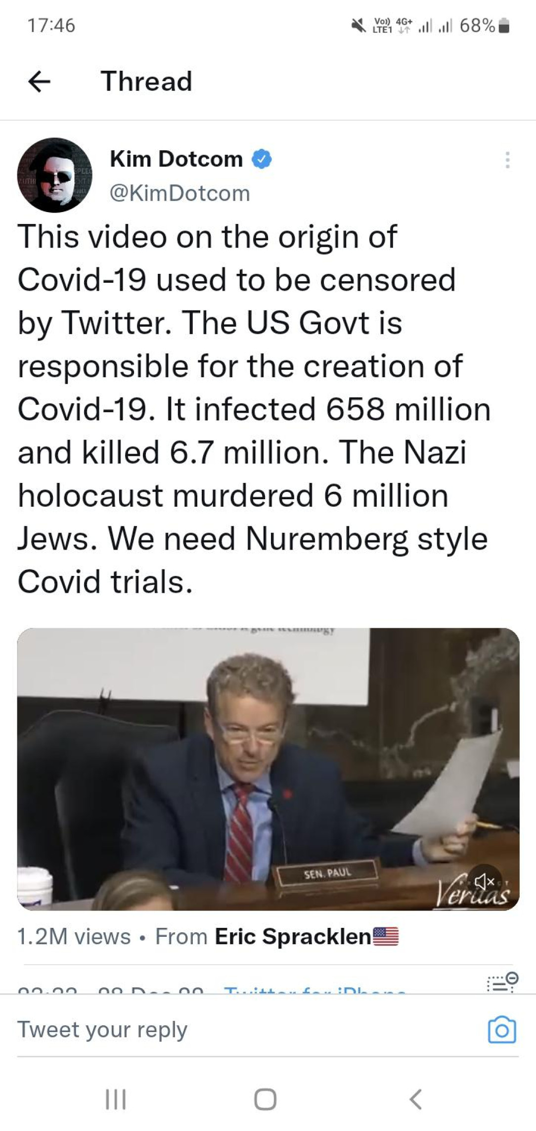 Kimdotcom thinks the US gov. Created Covid-19 ‍️
