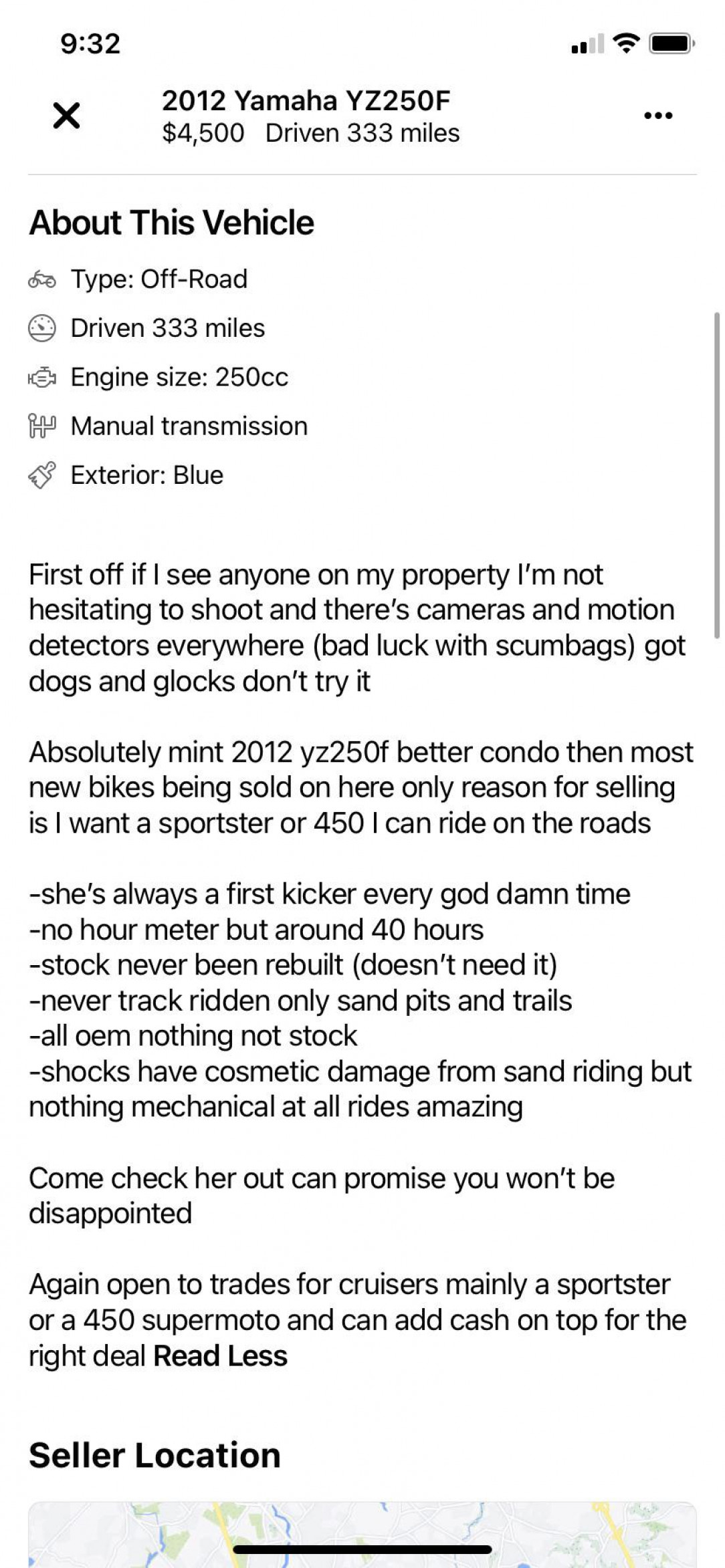 Guy is selling a dirt bike but will apparently pull a Glock on you if you show up to pick it up