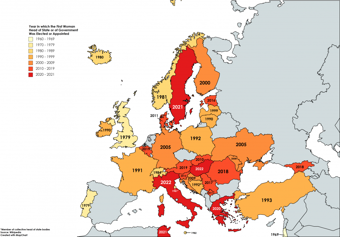 Year in which the first woman head of state or government was elected/appointed