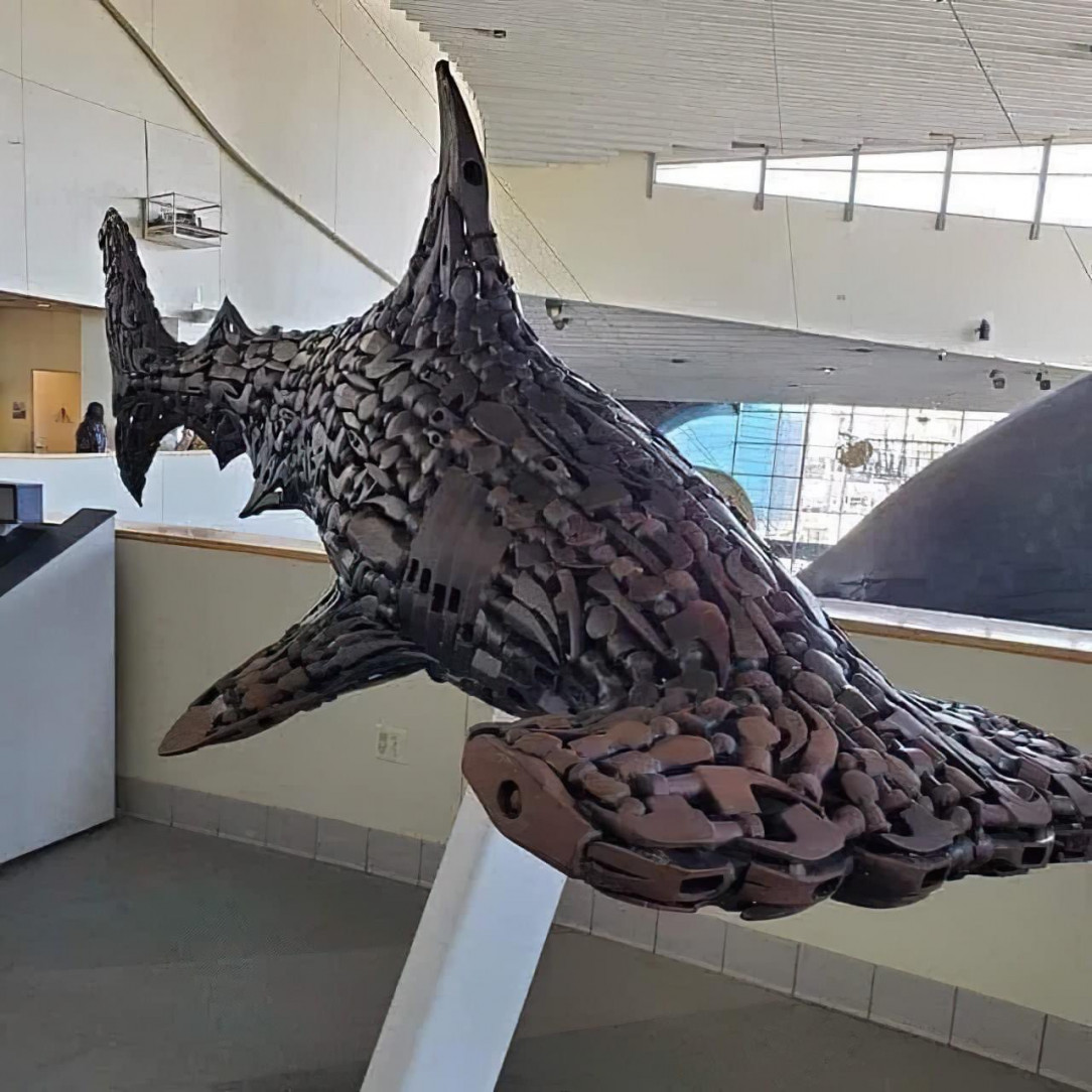 This sculpture of a hammerhead shark, made of hammer heads