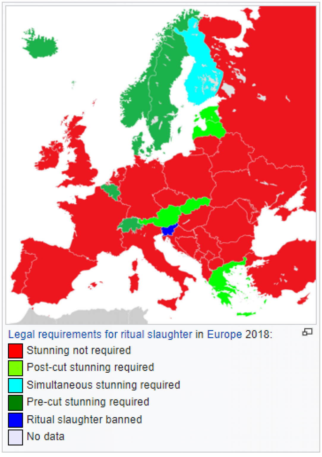 Legal requirements for halal slaughter in Europe. (2018 map)
